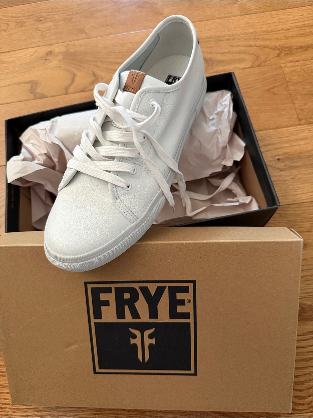 Frye White Leather Low-Top Sneaker with Brown Logo Tab